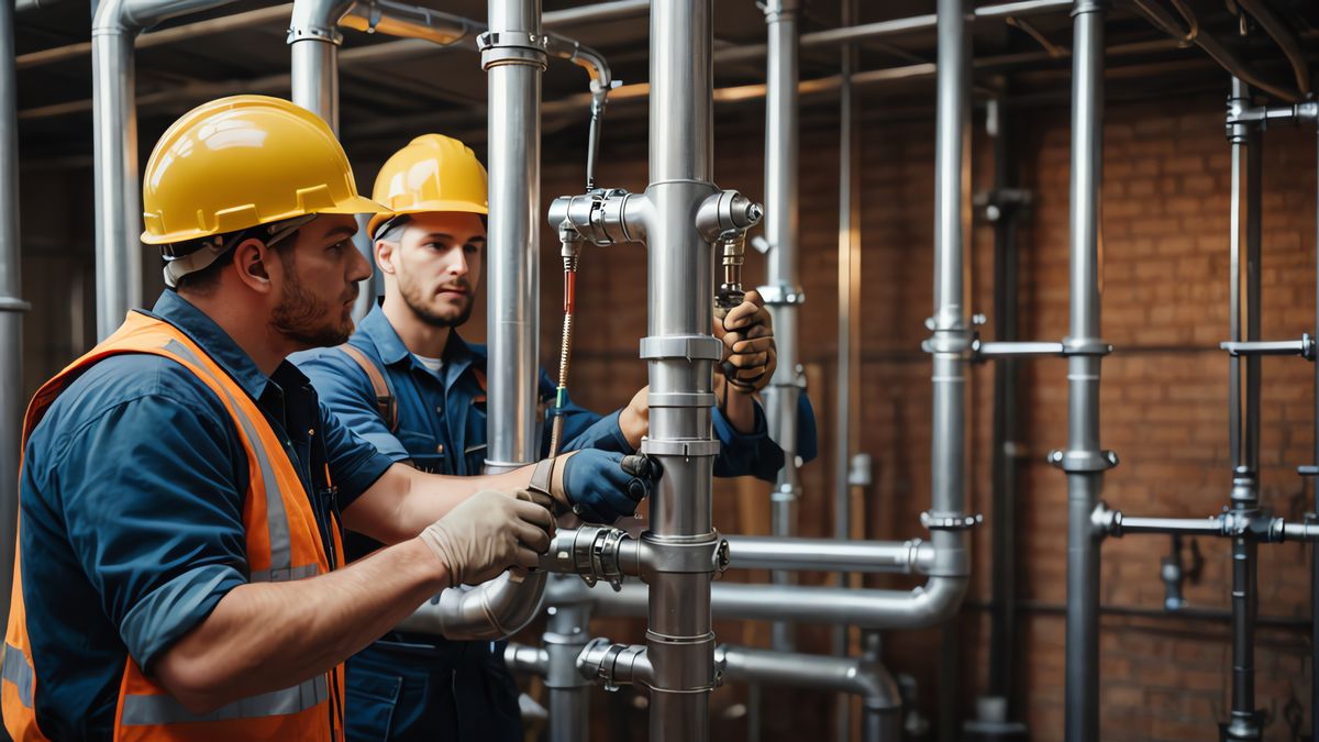 Two engineers in hard hats operating valves on large pipework