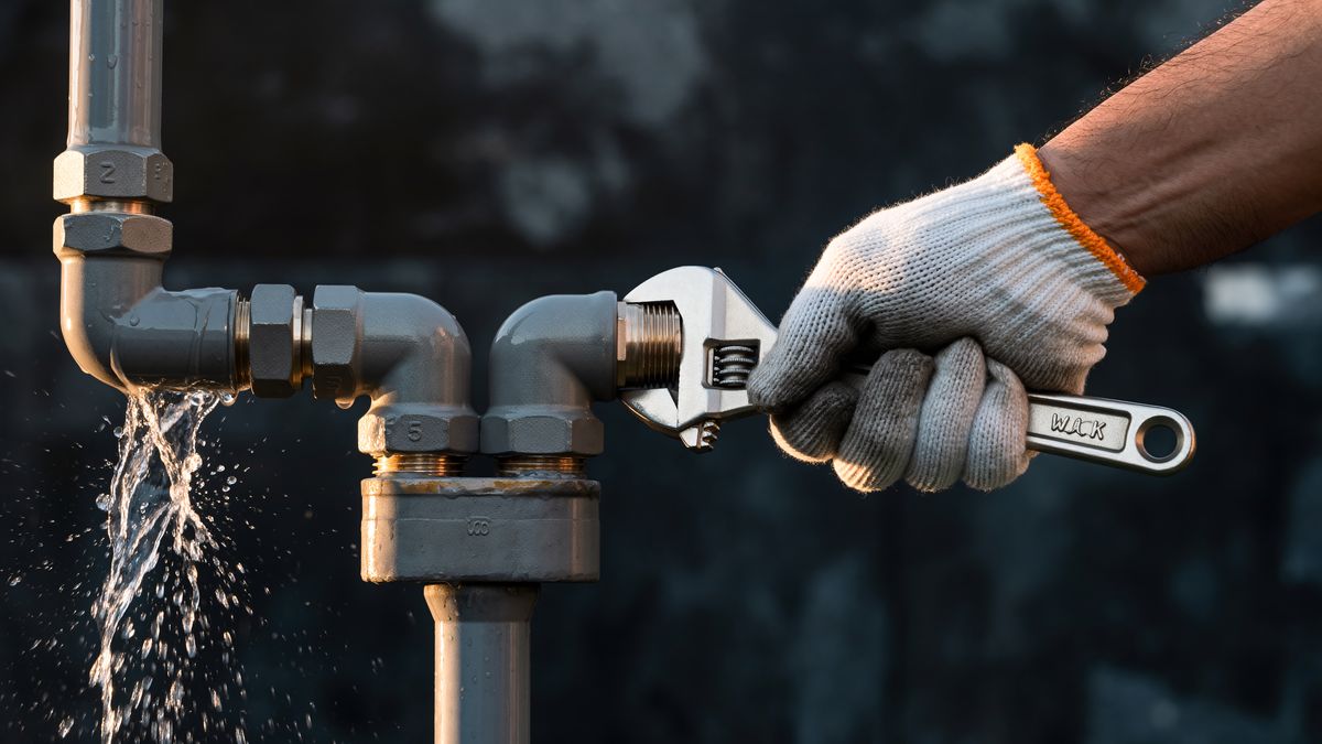 Gloved hand tightening a pipe joint with a wrench