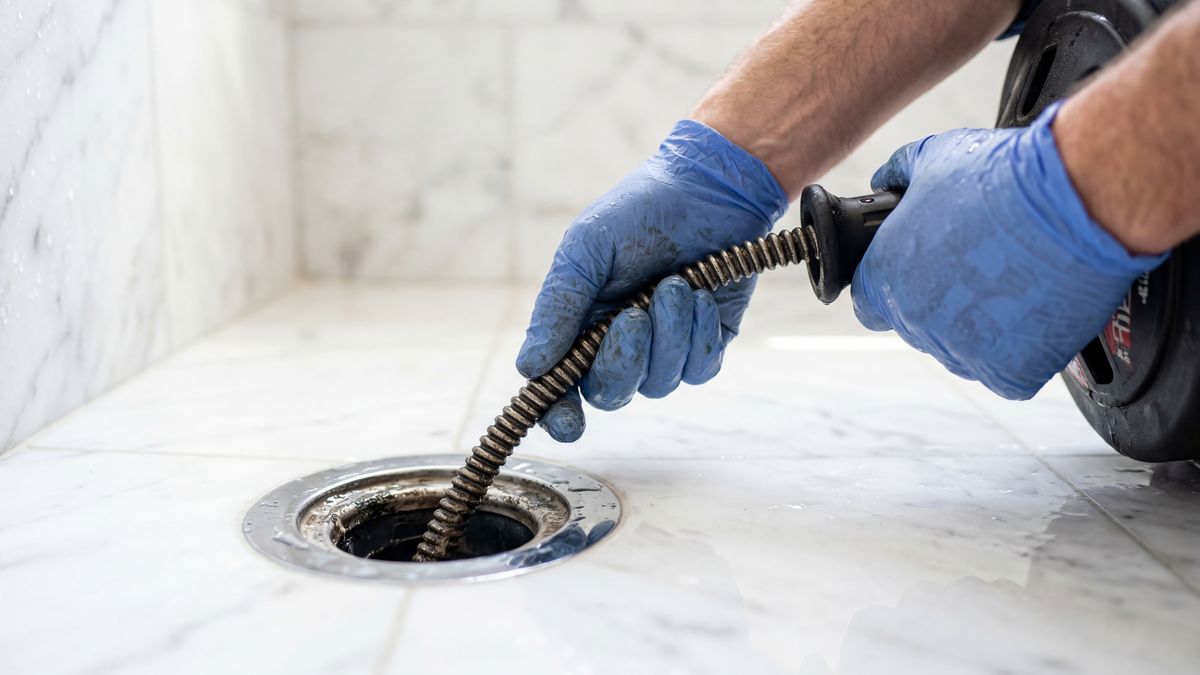 Plumber in blue gloves feeding a professional drain snake into an open floor drain