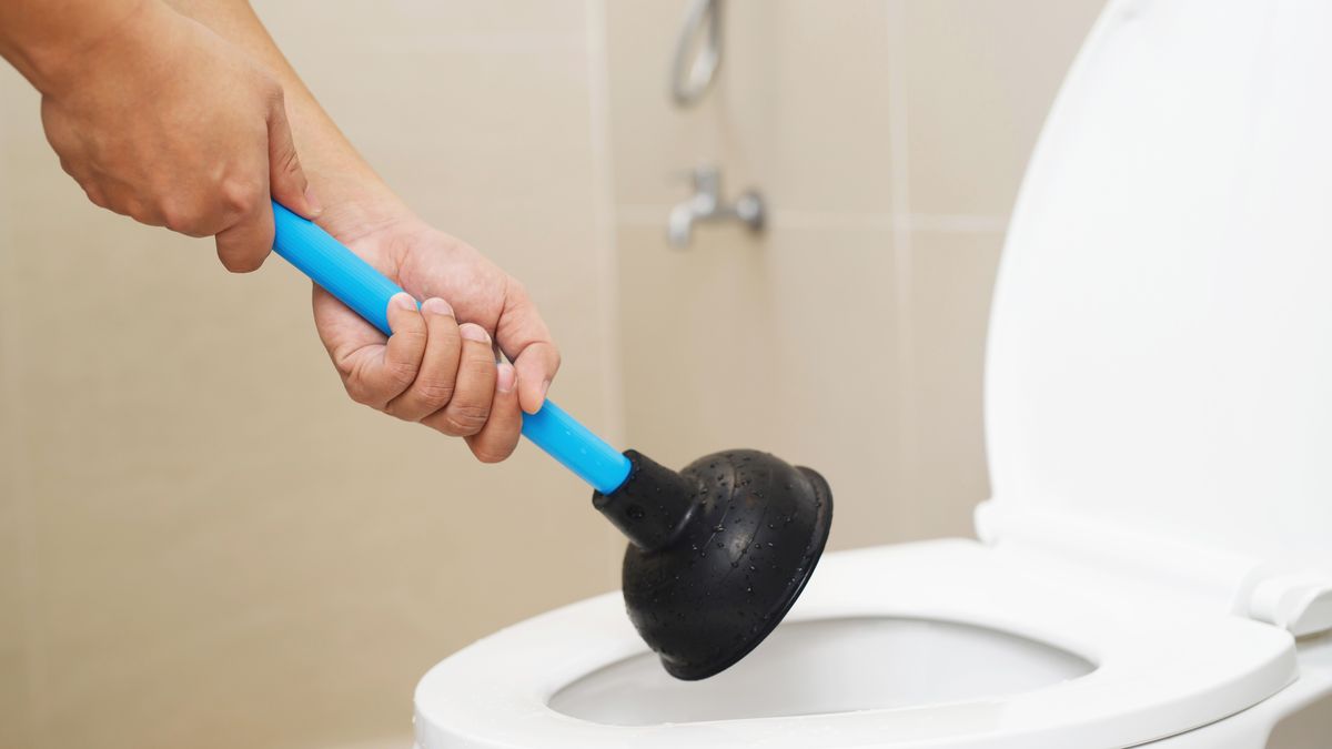 Service technician working a hand plunger on a blocked toilet
